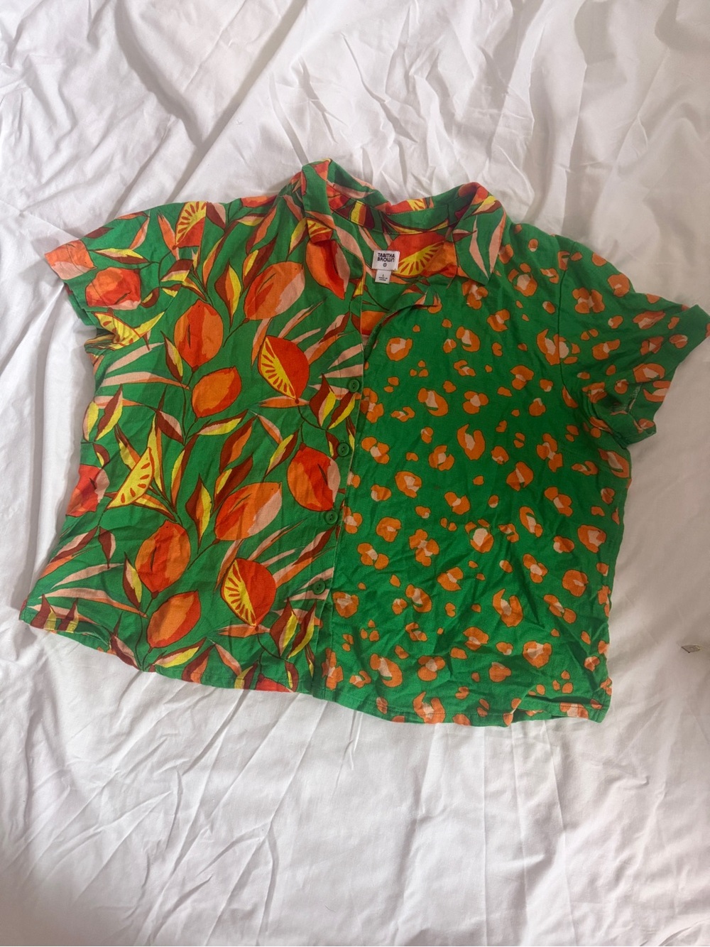 Tabitha Brown for Target Green Short-Sleeve Mixed-Print Button Front Blouse